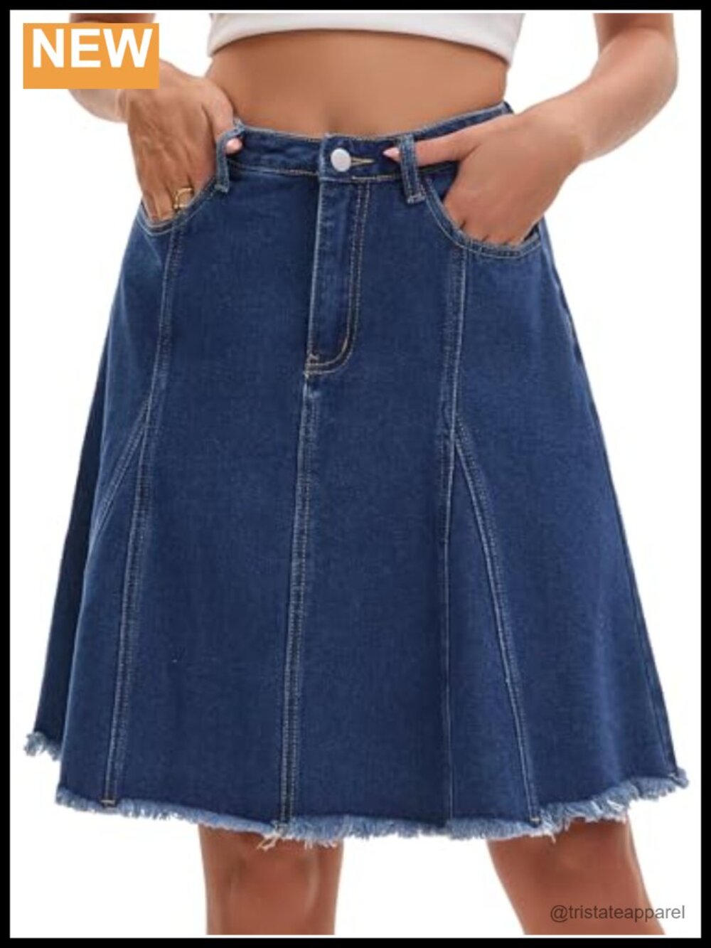 High Waist A-Line Flared Raw Hem Jean Skirt with Pockets